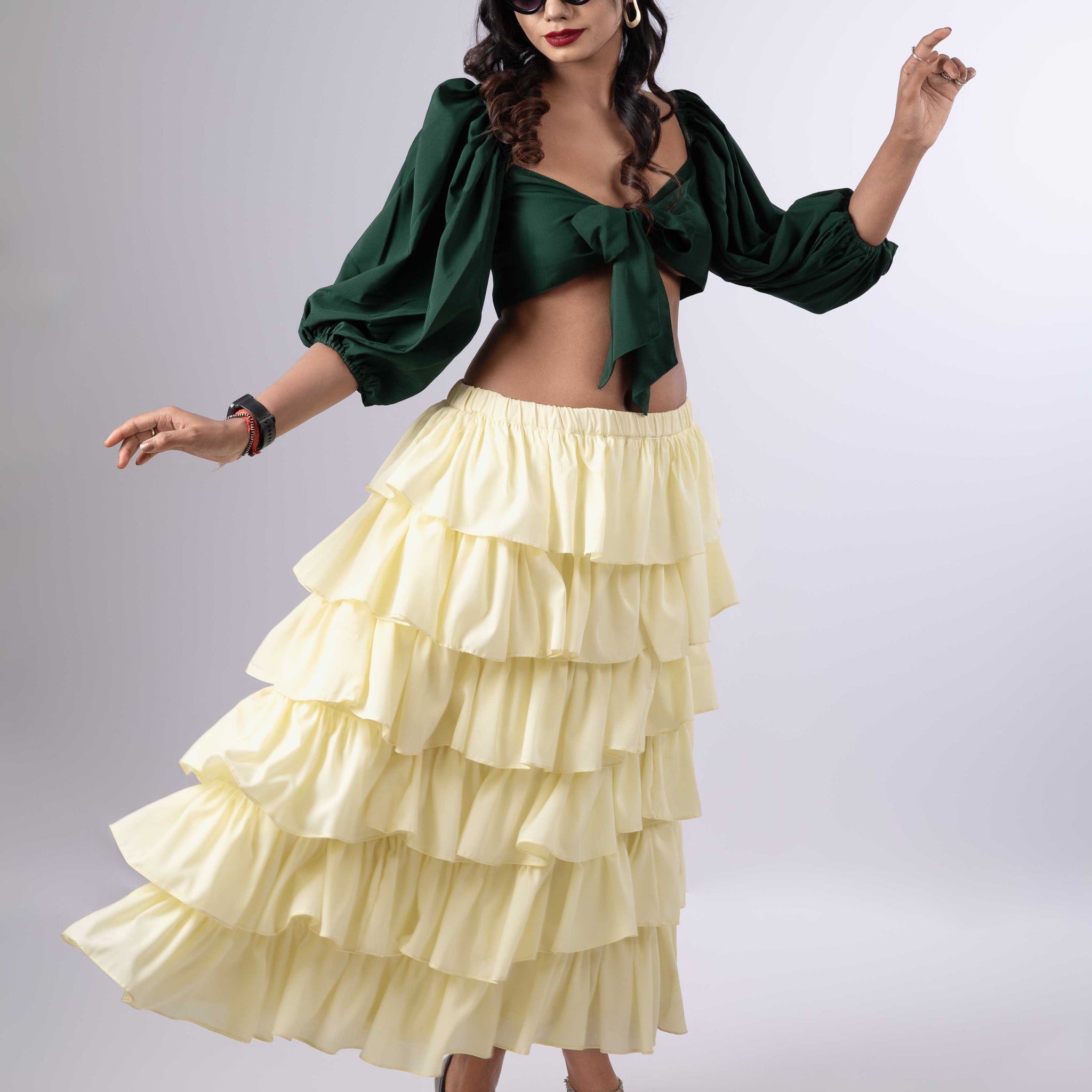 DREAMY RUFFLED TIERED  LEMONY SKIRT & EMERALD  TIE KNOT TOP