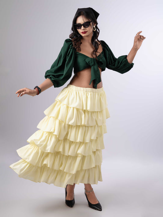 DREAMY RUFFLED TIERED  LEMONY SKIRT & EMERALD  TIE KNOT TOP