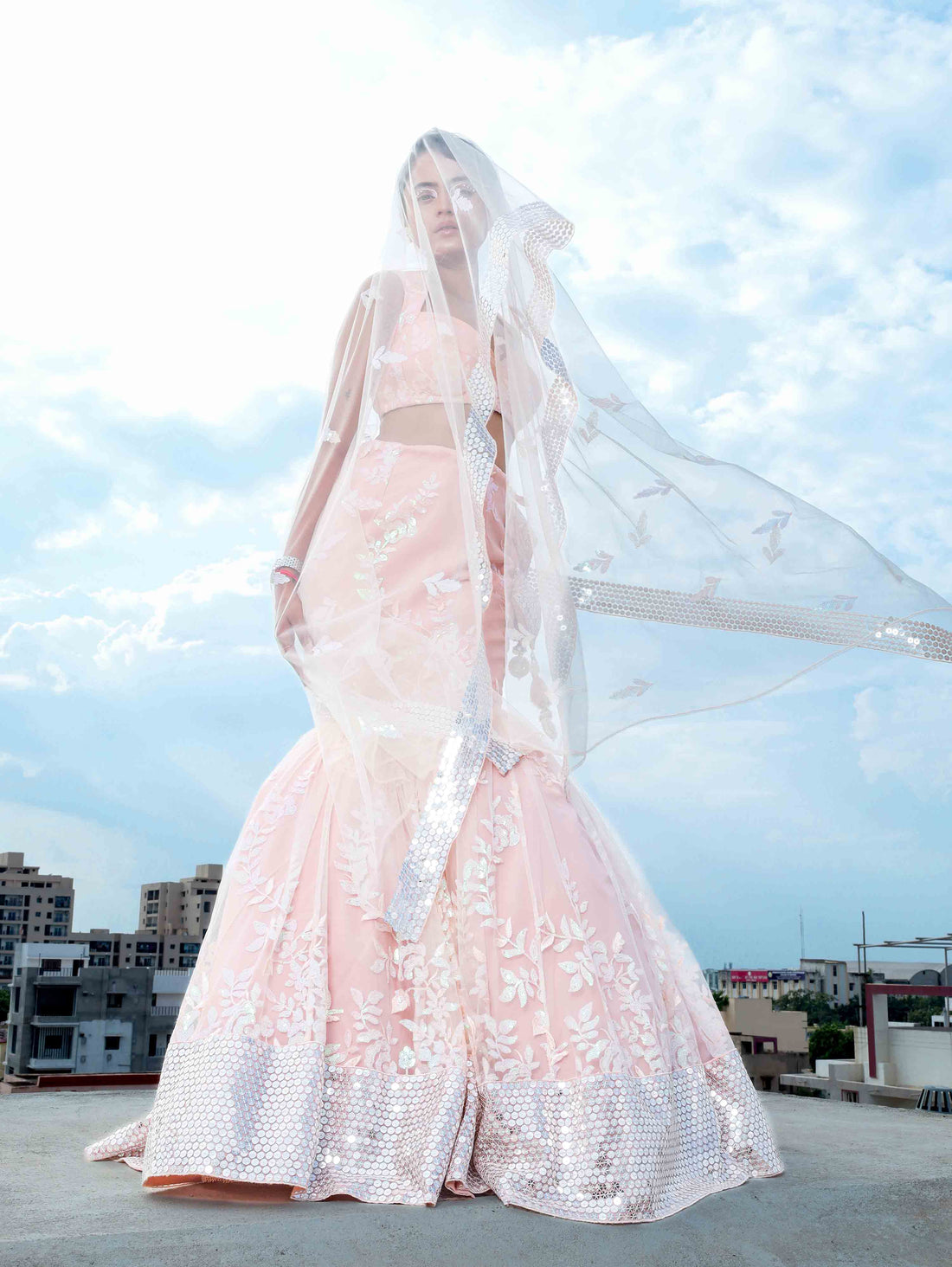 THE ENCHANTING PEACHY MERMAID LEHENGA WITH CORSET AND NET  DUPATTA