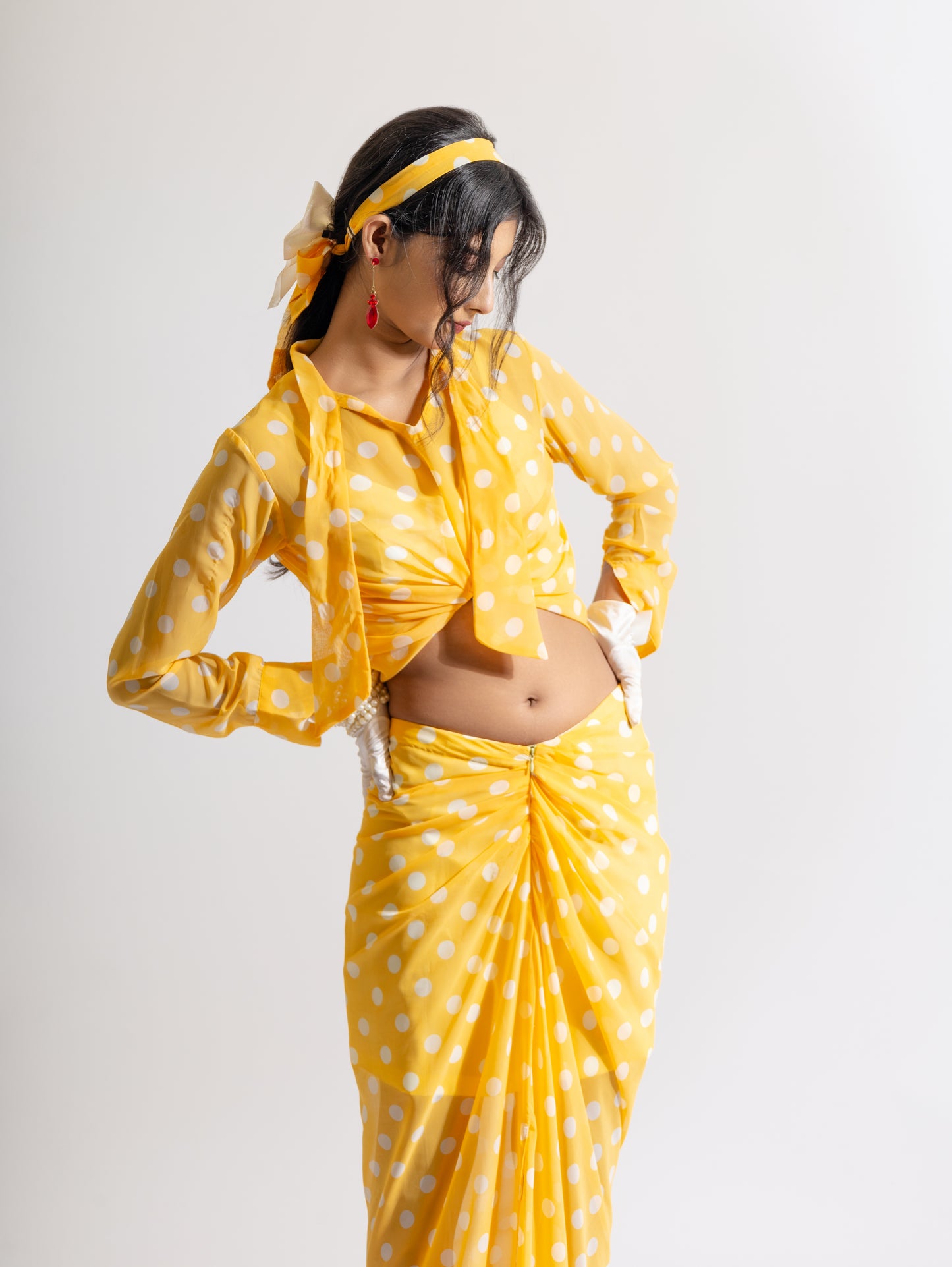 ATA'S LEMON POLKA DRAPED SKIRT WITH  DRAPED CORSET & TIE KNOT TOP