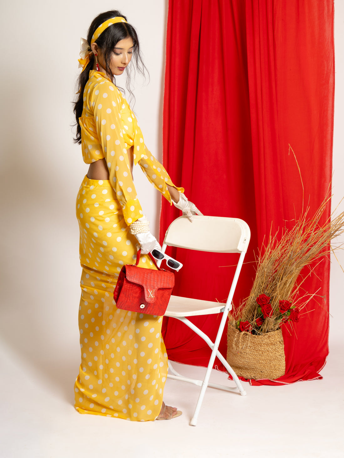 DRAMAQUEEN'S LEMON POLKA DRAPED SKIRT WITH  DRAPED CORSET & TIE KNOT TOP