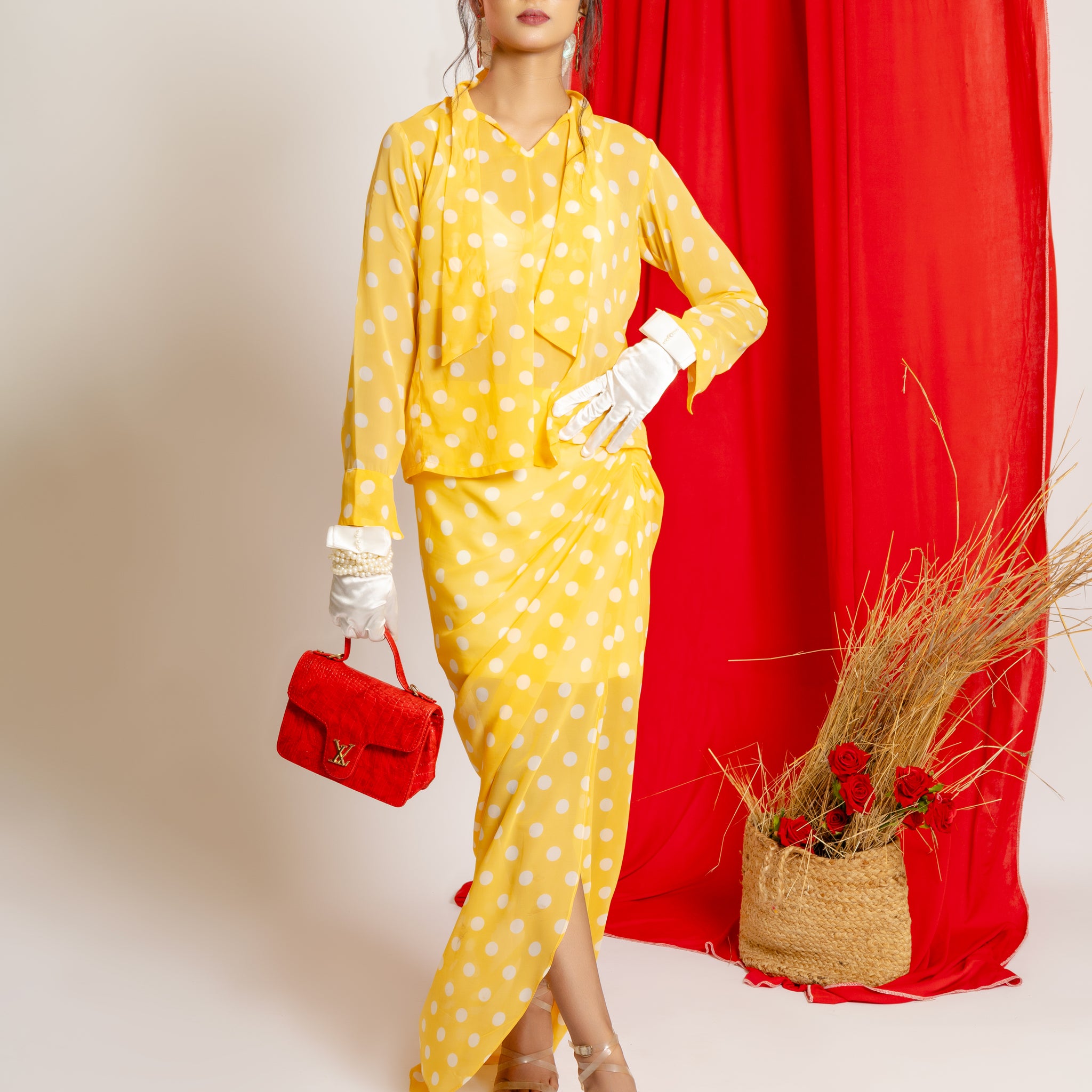 DRAMAQUEEN'S LEMON POLKA DRAPED SKIRT WITH  DRAPED CORSET & TIE KNOT TOP