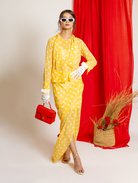 ATA'S LEMON POLKA DRAPED SKIRT WITH  DRAPED CORSET & TIE KNOT TOP