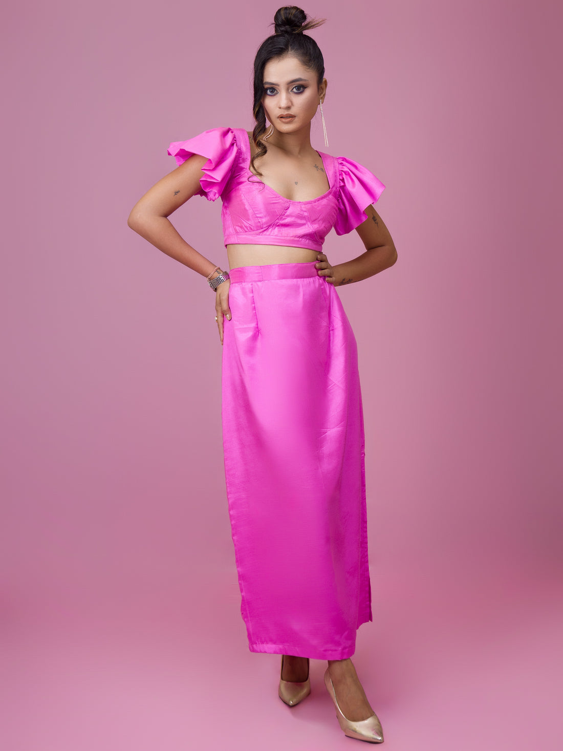 SPARKLING RUFFLE CORSET &  HIGH WAIST SLIT  SKIRT