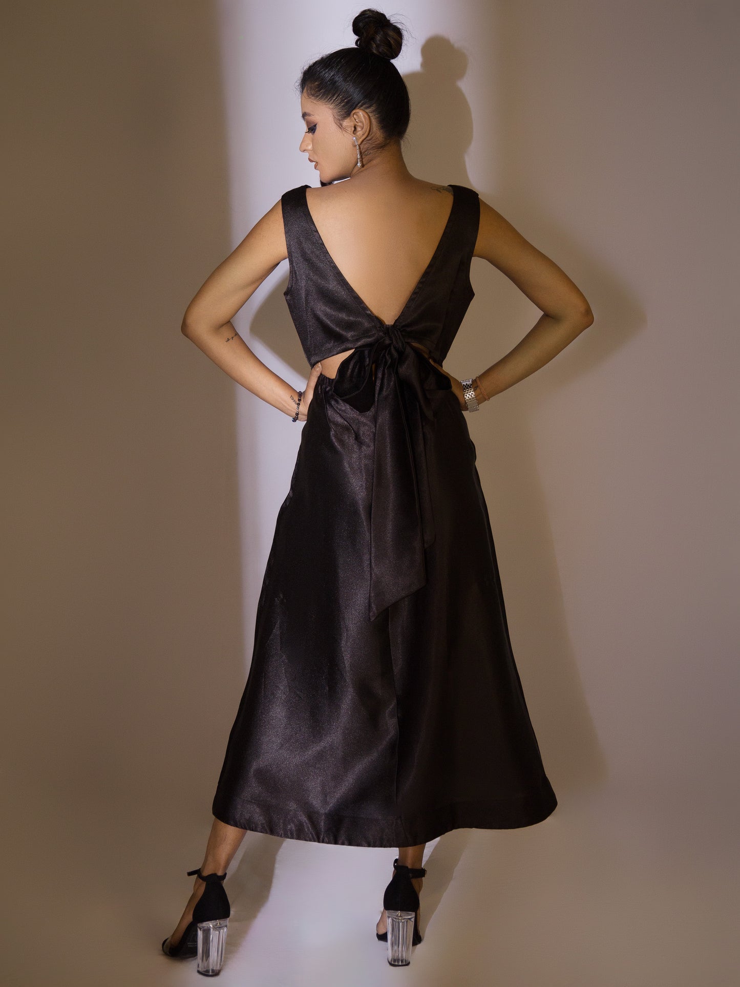 SPARKLING  BLACK SATIN BOW TIE DRESS