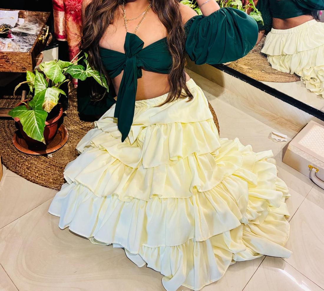 Unnati's DREAMY RUFFLED TIERED  LEMONY SKIRT & EMERALD  TIE KNOT TOP