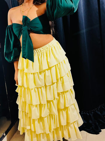 Unnati's DREAMY RUFFLED TIERED  LEMONY SKIRT & EMERALD  TIE KNOT TOP