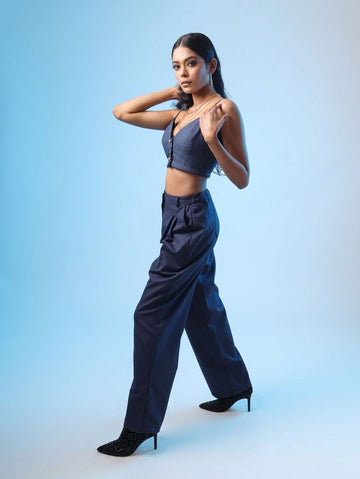 DENIM WIDE LEG ELASTICATED TROUSERS WITH DARTS