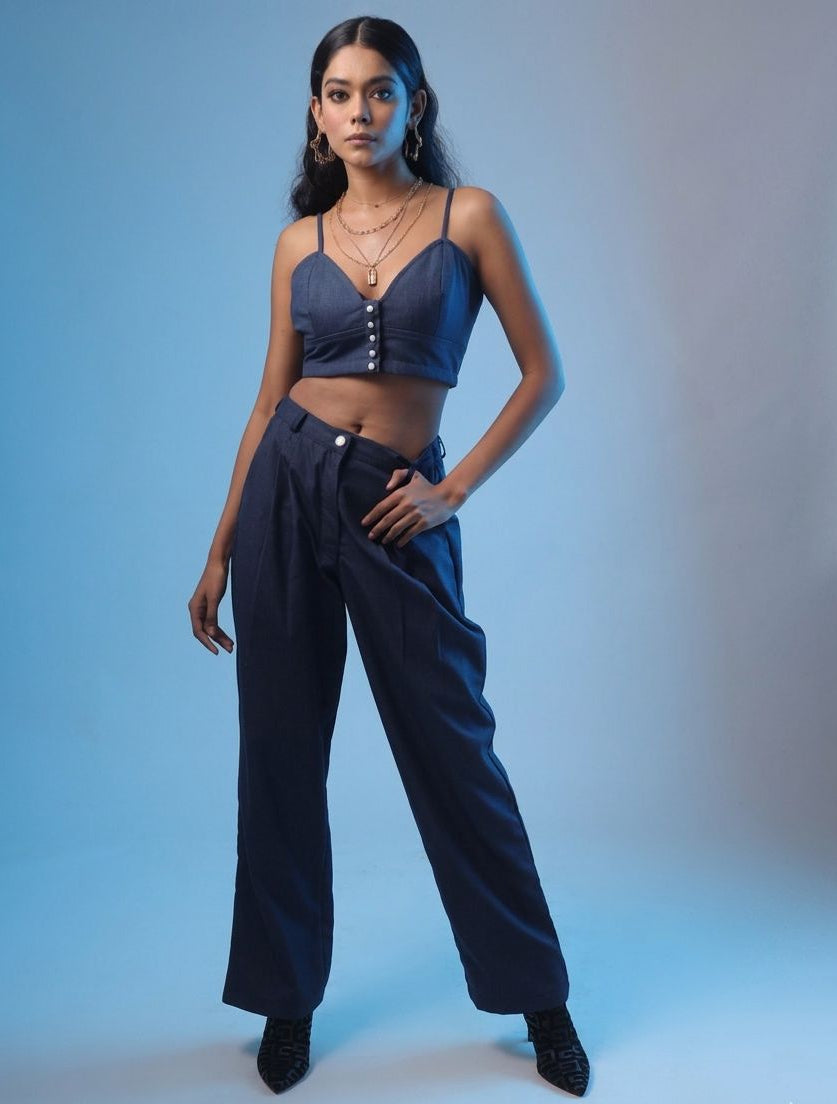 DENIM WIDE LEG ELASTICATED TROUSERS WITH DARTS