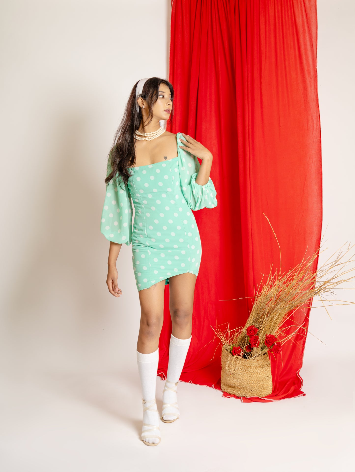 ATA'S MINT POLKA POUF SLEEVES  ROBE