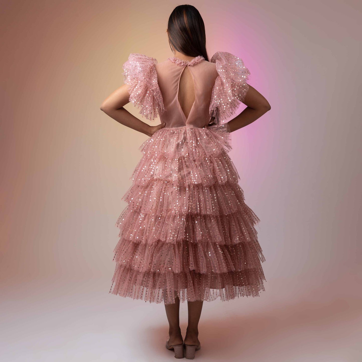 ROMANTICIZE'S BLUSH PINK  RUFFLE  TIERED MIDI