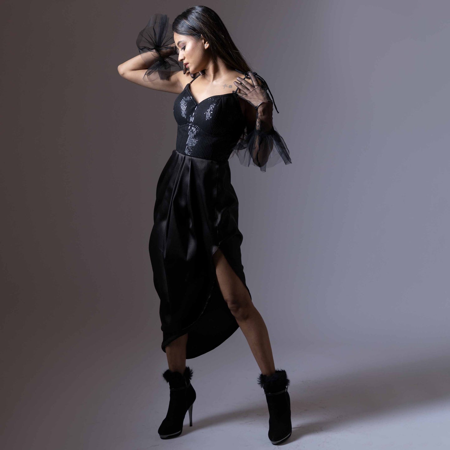 ROMANTICIZE'S BLACK SHIMMER  OVERLAP SATIN DRESS