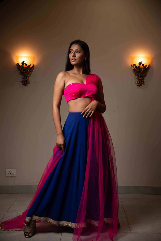 A LA MODE HERITAGE'S NAVY BLUE  KALIDAR GEORGETTE LEHENGA WITH CORSETTED BLOUSE WITH ATTACHED DUPATTA