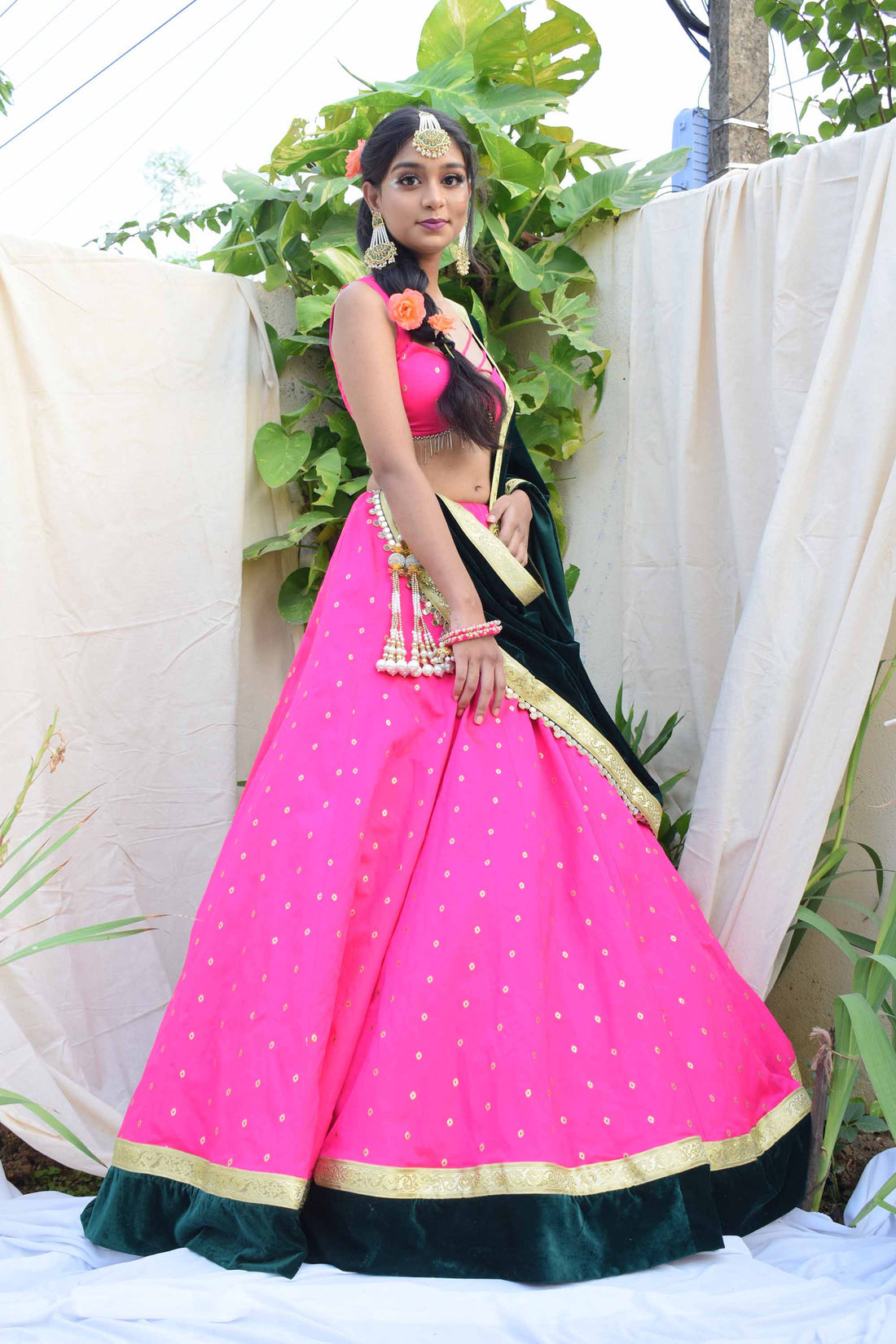 A LA MODE HERITAGE'S FUCHSIA  PINK LEHENGA BLOUSE WITH EMERALD GREEN VELVET DUPATTA