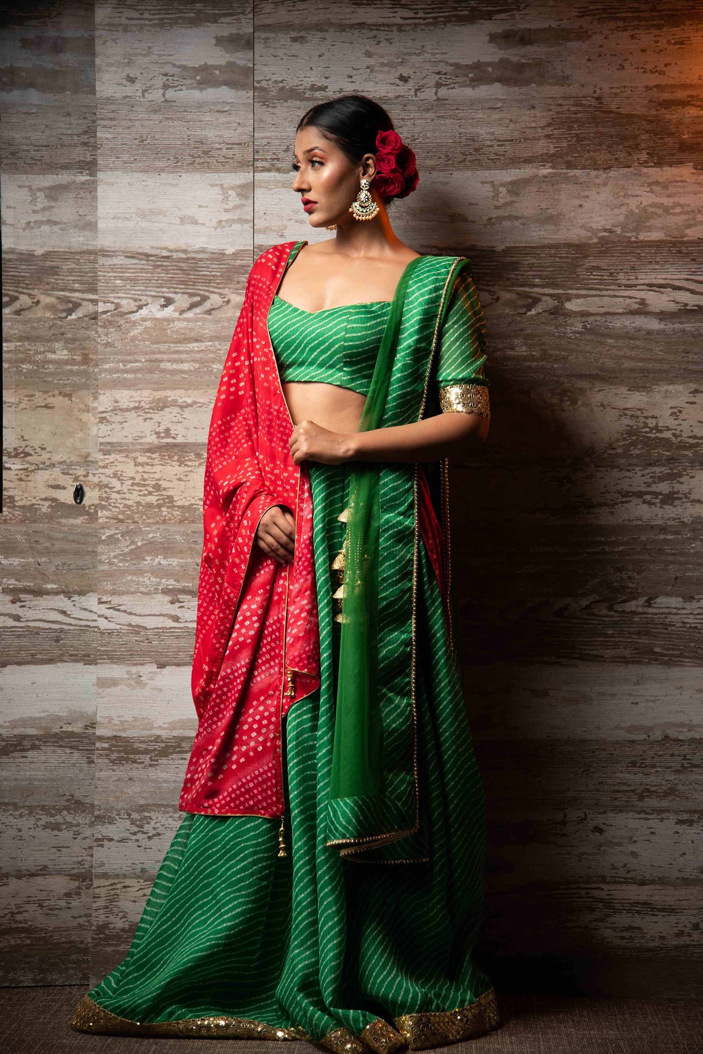 A LA MODE HERITAGE'S EMERALD  FLAT LEHENGA WITH BLOUSE LEHERIYA RED & NET DUPATTA