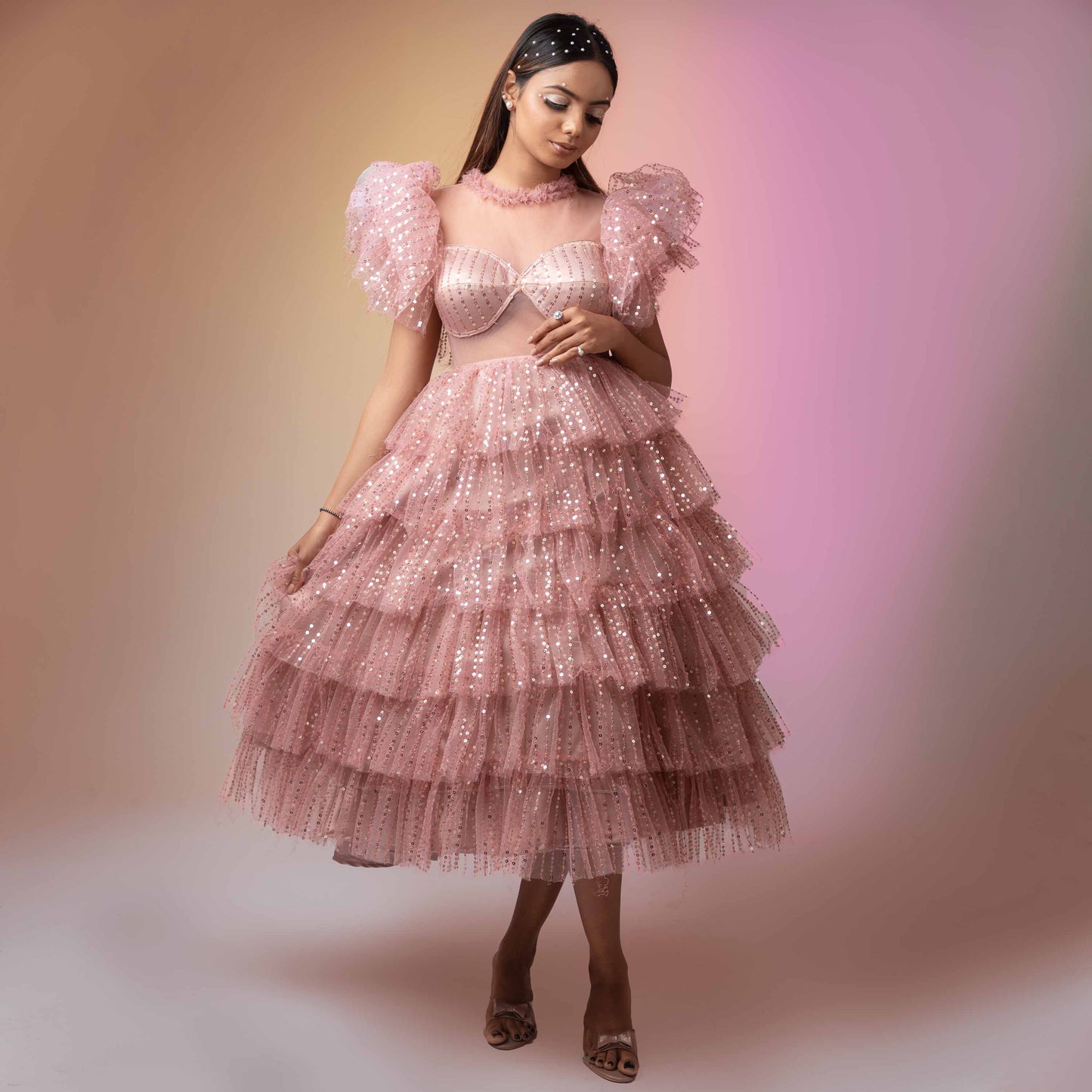 ROMANTICIZE'S BLUSH PINK  RUFFLE  TIERED MIDI